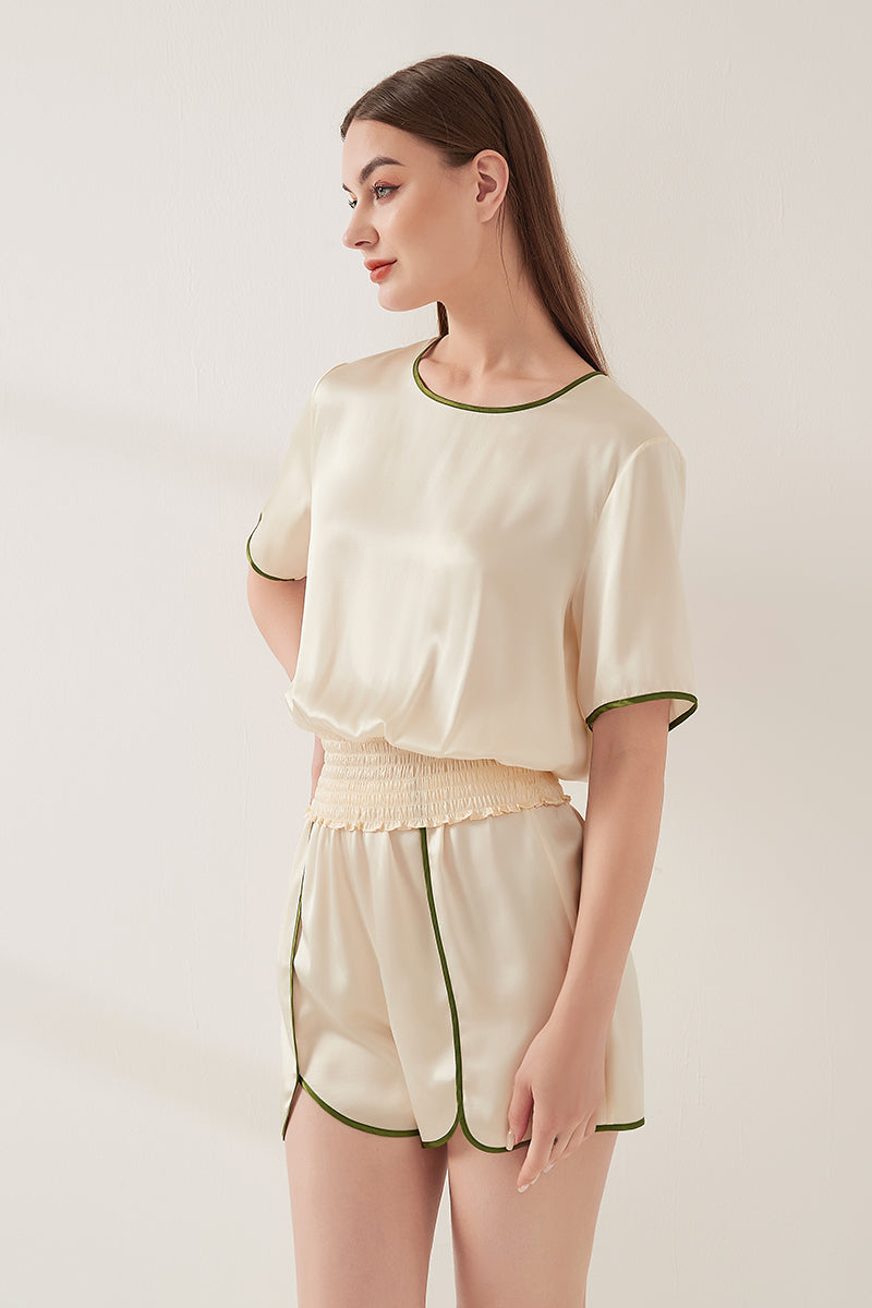 Contrast color split short sleeve shorts set