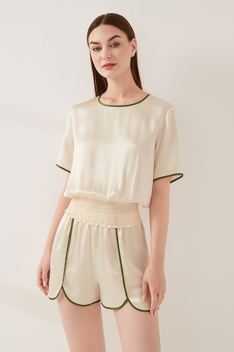 Contrast color split short sleeve shorts set