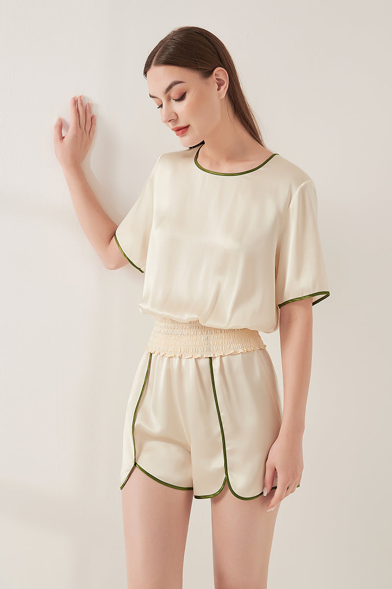 Contrast color split short sleeve shorts set