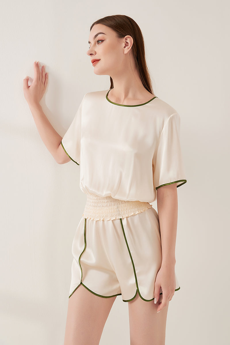 Contrast color split short sleeve shorts set