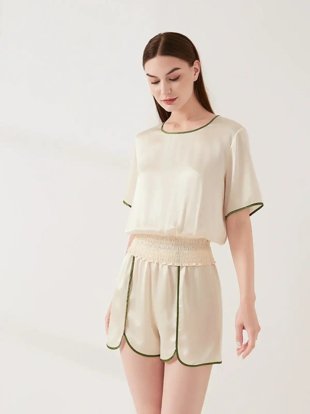 Contrast Color Split Short Sleeve Shorts Set - JANCESILK