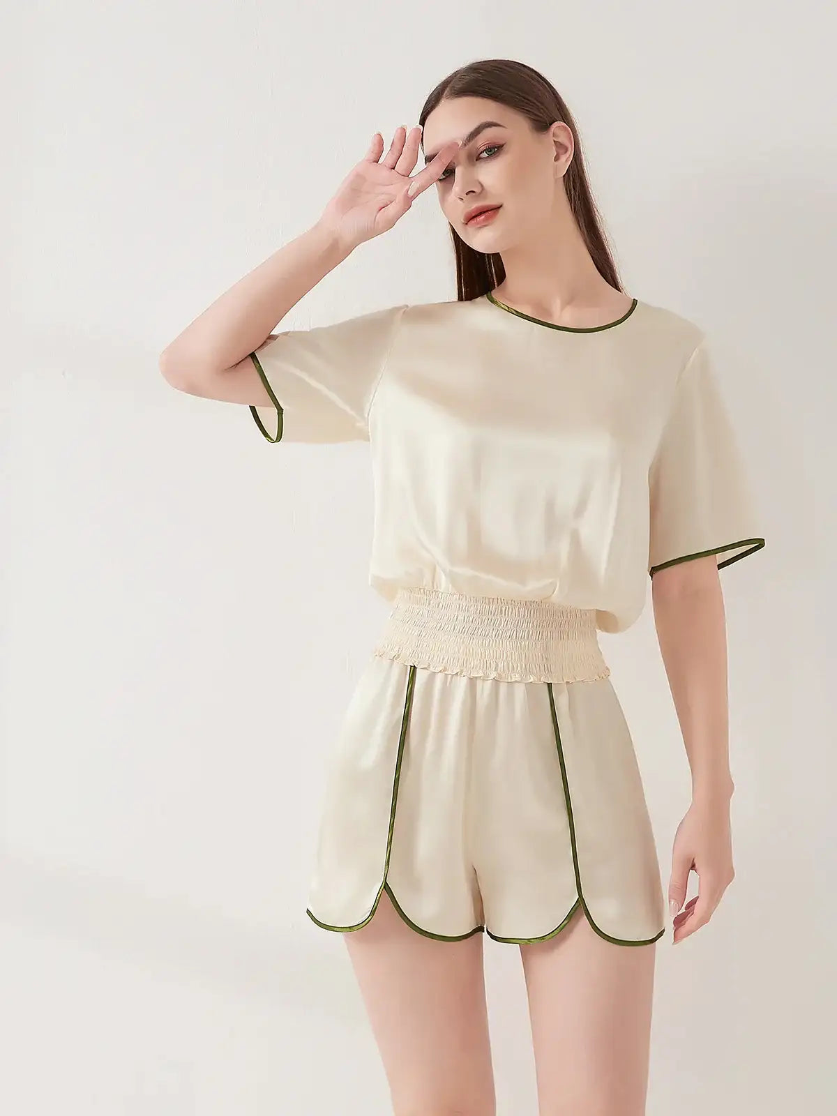 Contrast Color Split Short Sleeve Shorts Set - JANCESILK