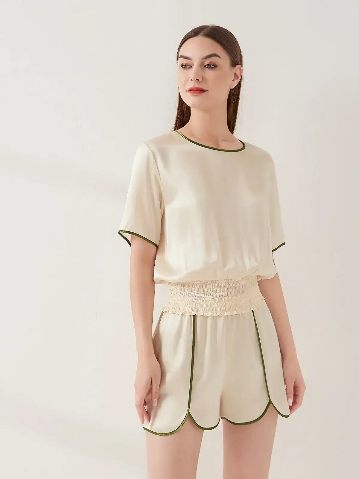 Contrast Color Split Short Sleeve Shorts Set - JANCESILK