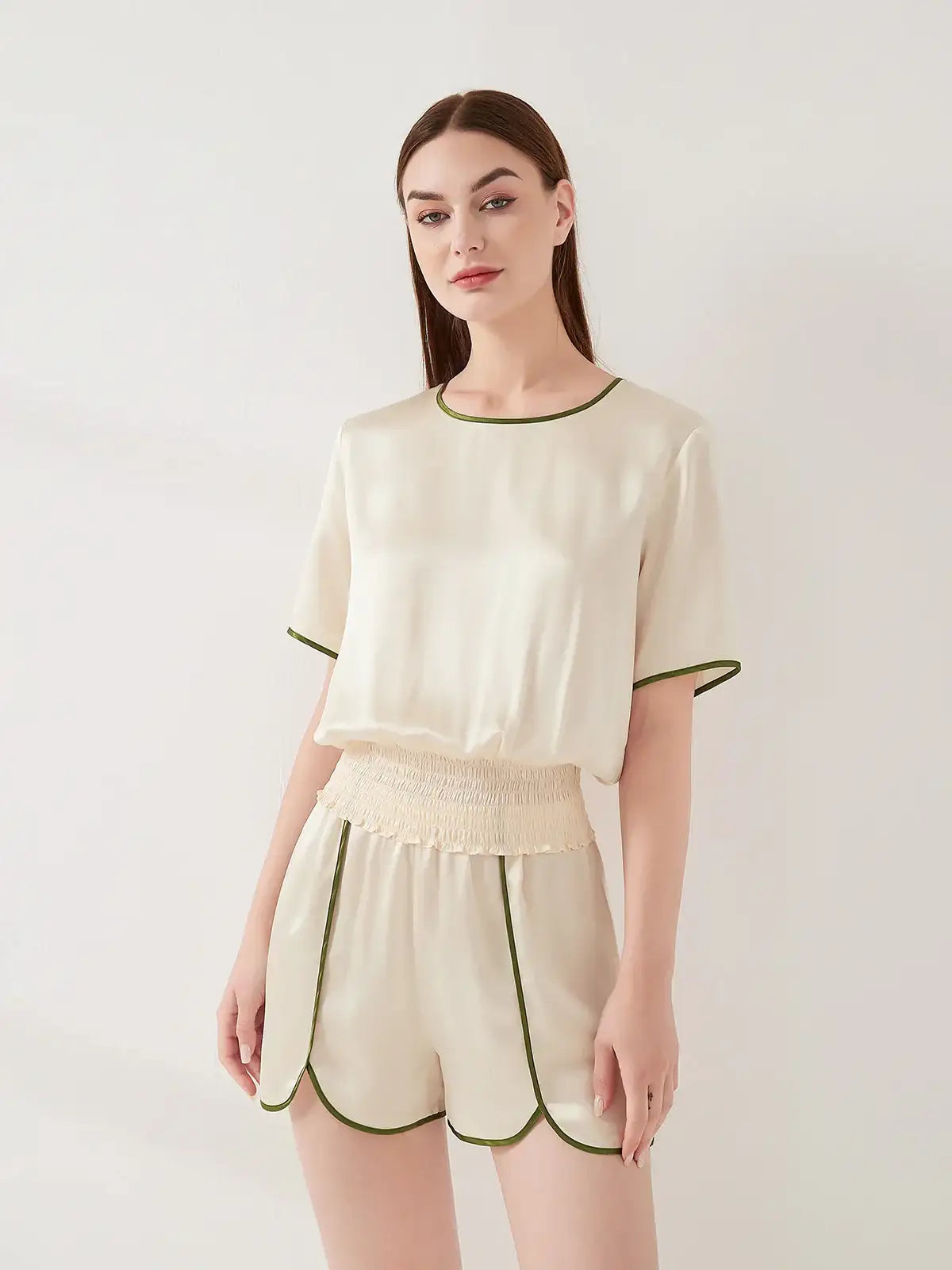 Contrast Color Split Short Sleeve Shorts Set - JANCESILK