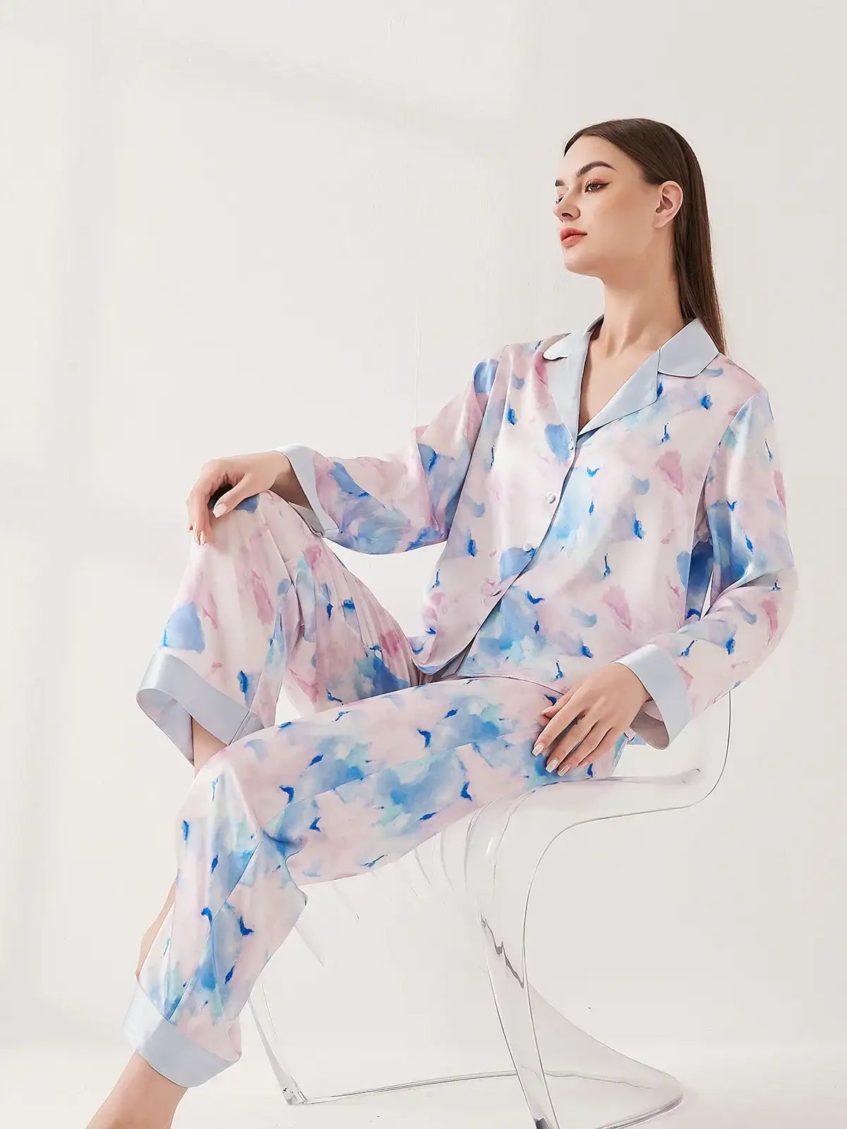 Watercolor Print Long Sleeve Trousers Suit - JANCESILK