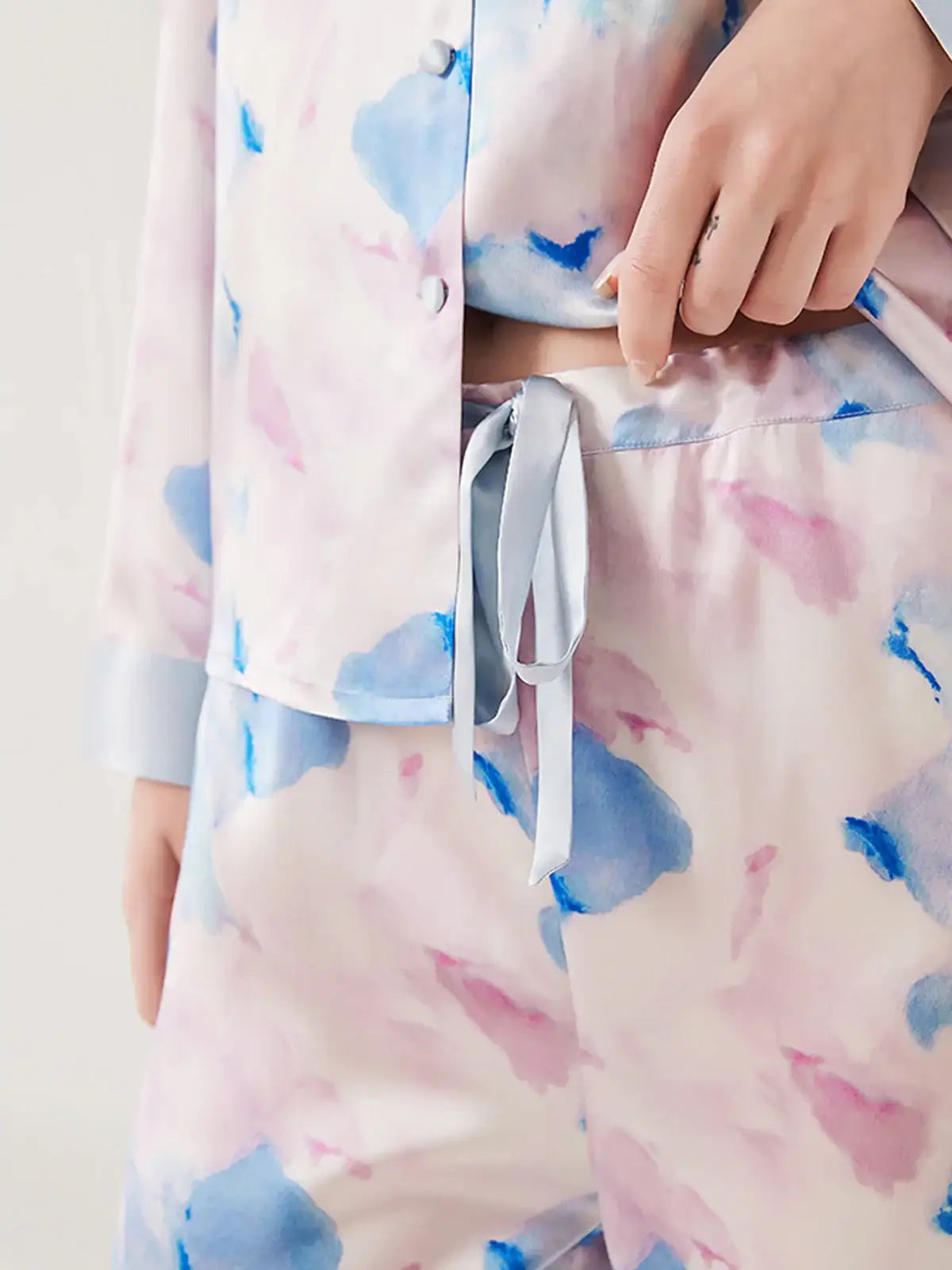 Watercolor Print Long Sleeve Trousers Suit - JANCESILK