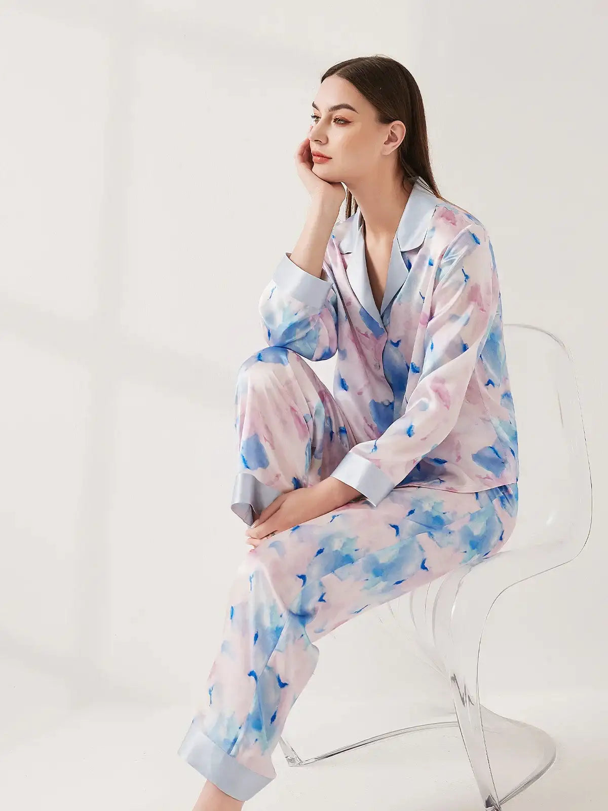 Watercolor Print Long Sleeve Trousers Suit - JANCESILK
