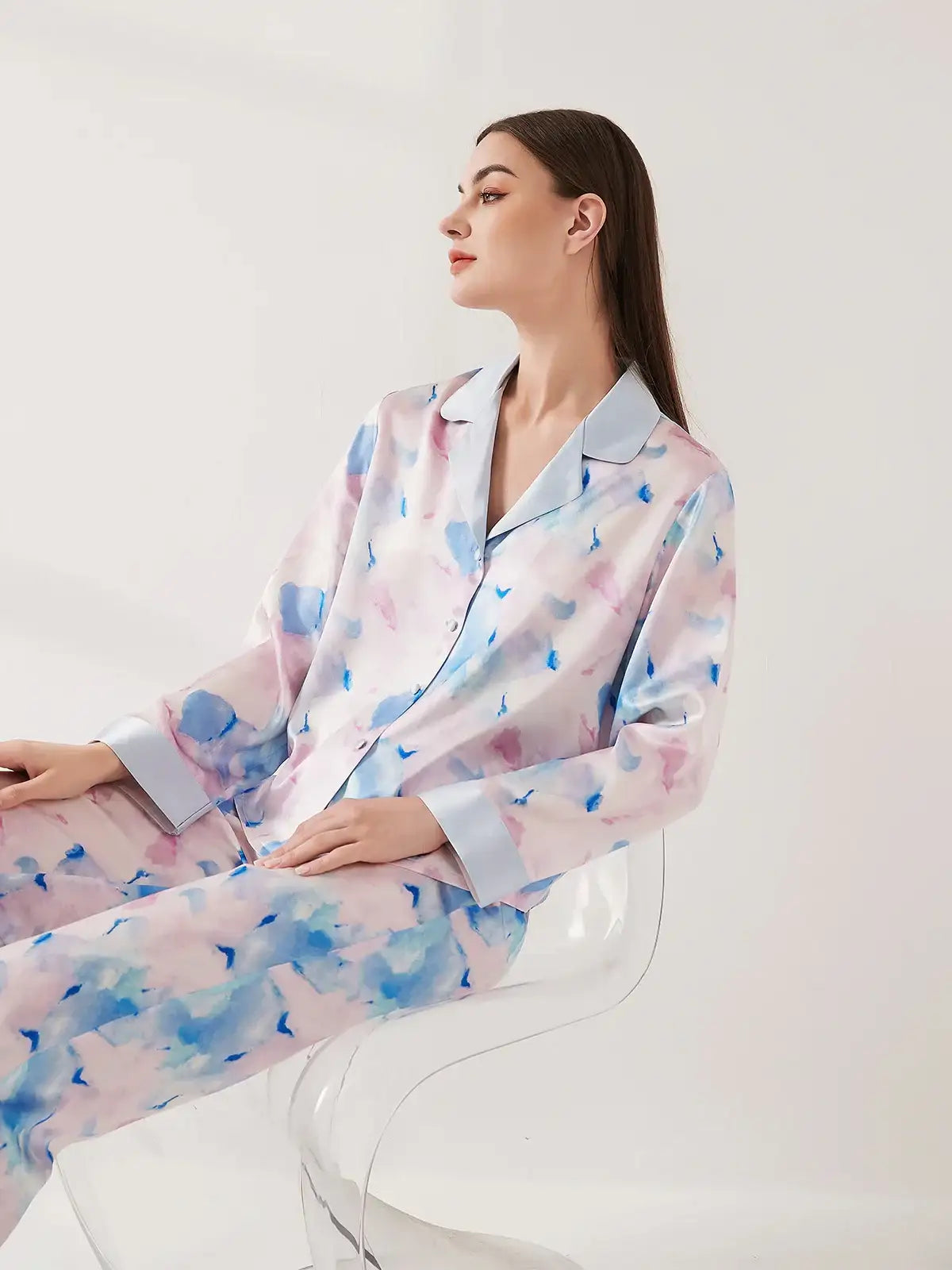 Watercolor Print Long Sleeve Trousers Suit - JANCESILK