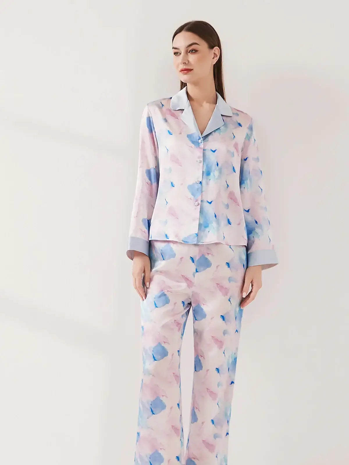 Watercolor Print Long Sleeve Trousers Suit - JANCESILK