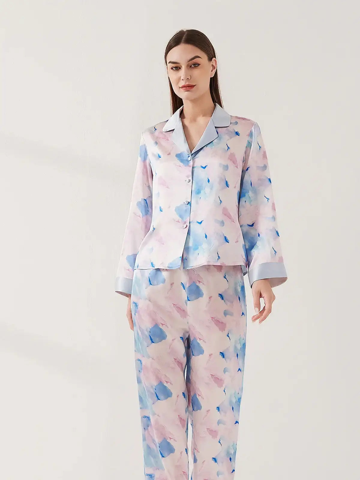 Watercolor Print Long Sleeve Trousers Suit - JANCESILK