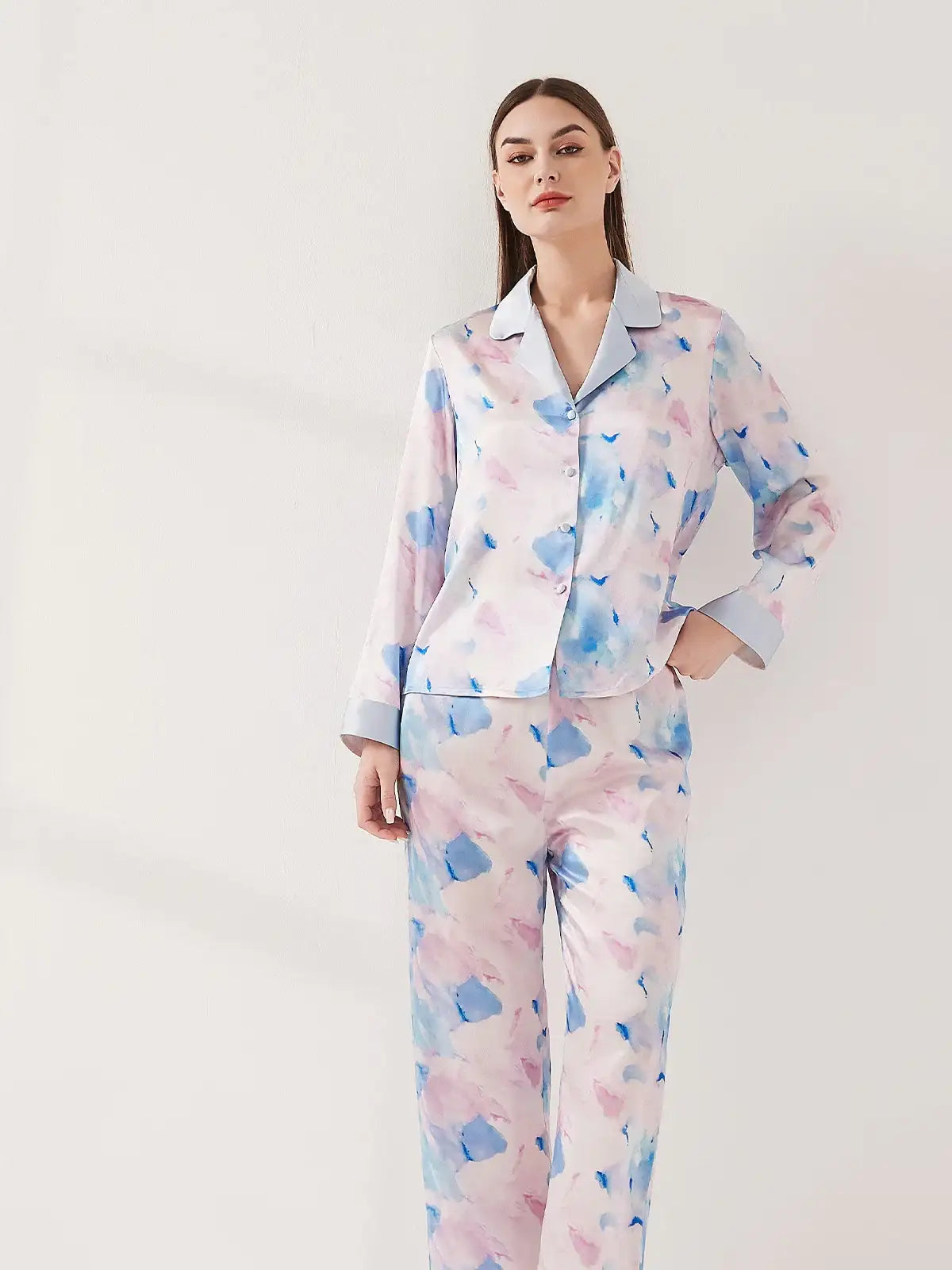 Watercolor Print Long Sleeve Trousers Suit - JANCESILK