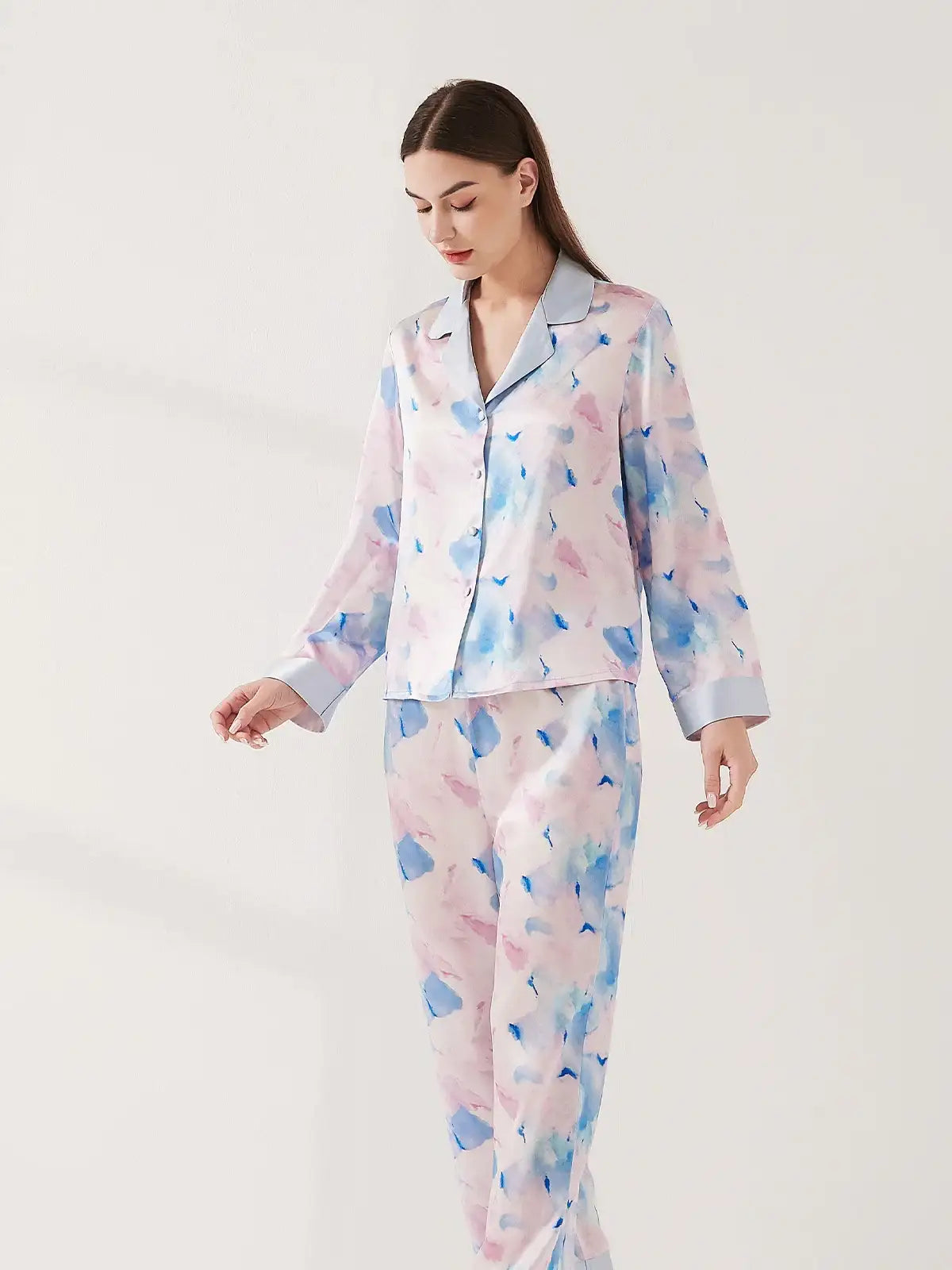 Watercolor Print Long Sleeve Trousers Suit - JANCESILK