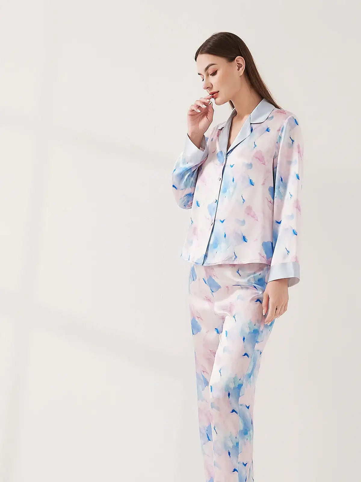 Watercolor Print Long Sleeve Trousers Suit - JANCESILK