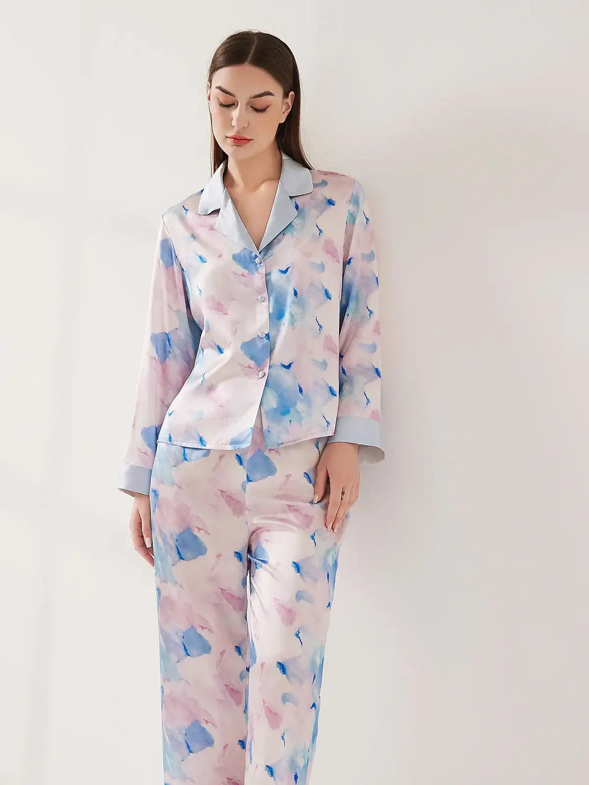 Watercolor Print Long Sleeve Trousers Suit - JANCESILK