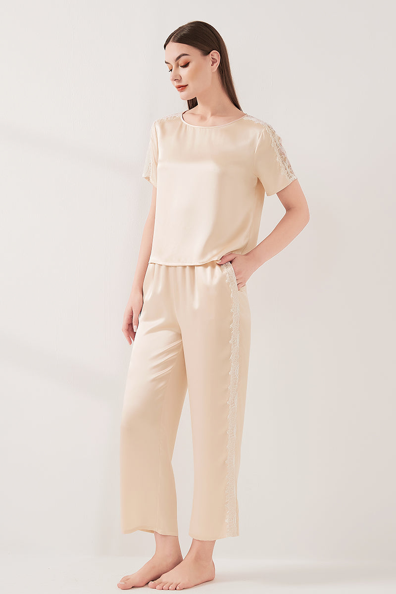 Lace patchwork short-sleeved trousers suit