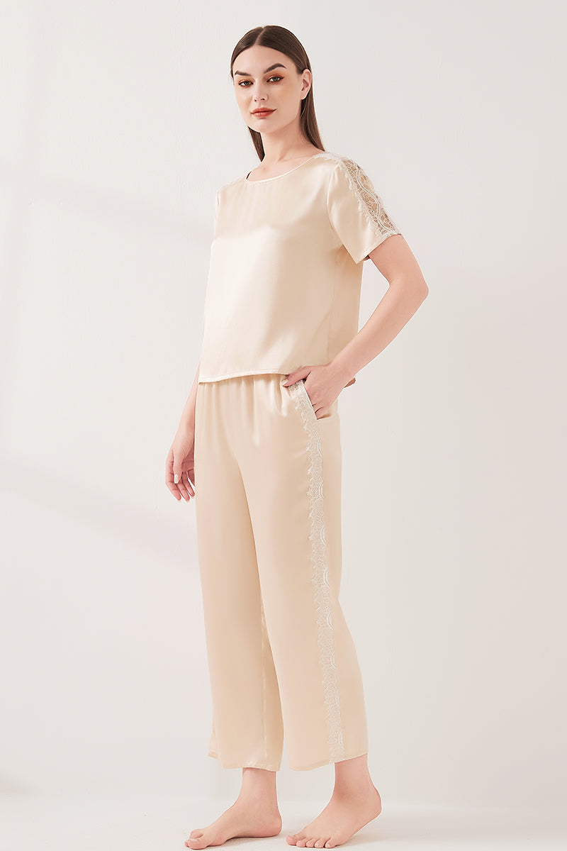 Lace patchwork short-sleeved trousers suit