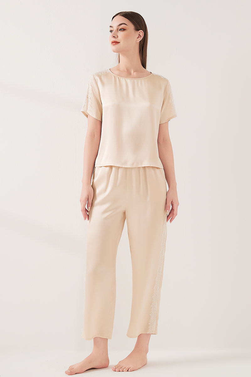 Lace patchwork short-sleeved trousers suit