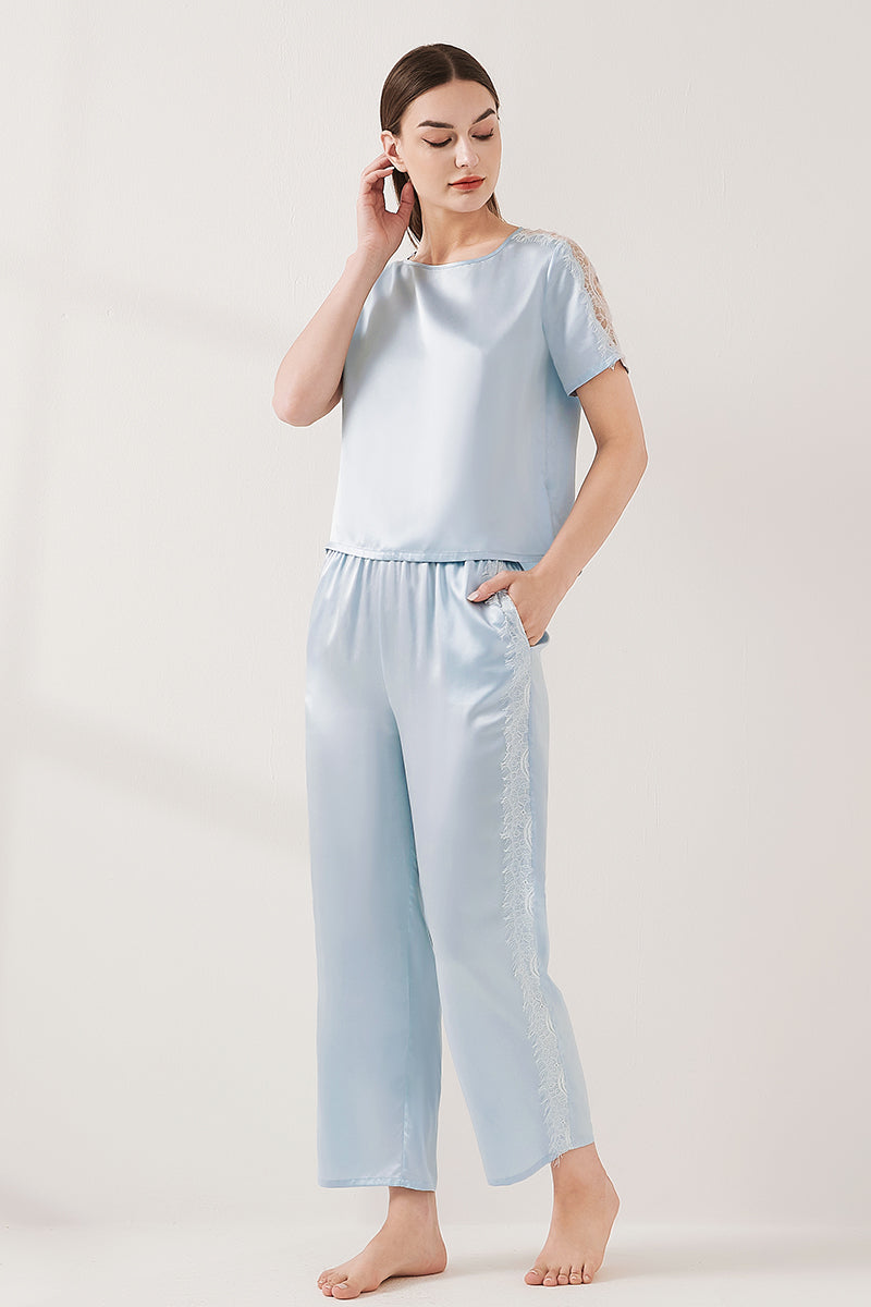 Lace patchwork short-sleeved trousers suit