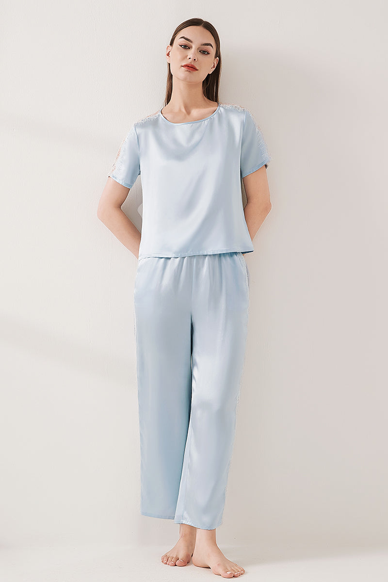Lace patchwork short-sleeved trousers suit