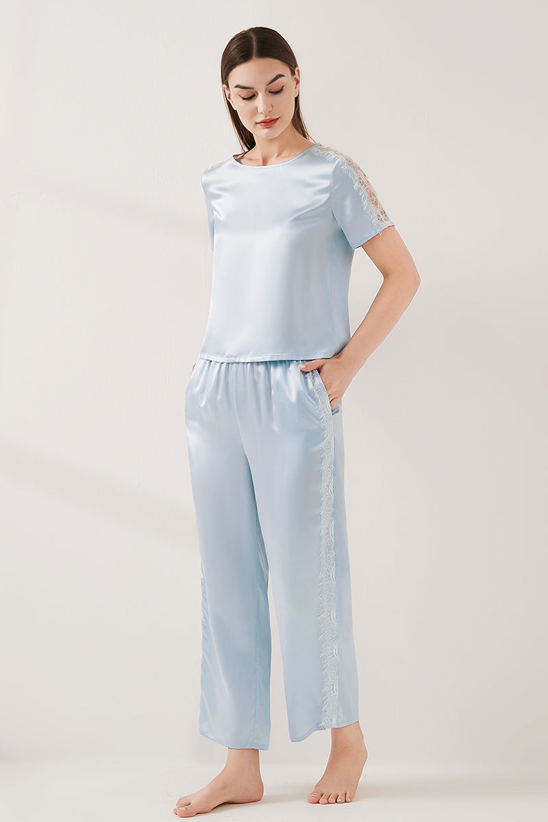 Lace patchwork short-sleeved trousers suit