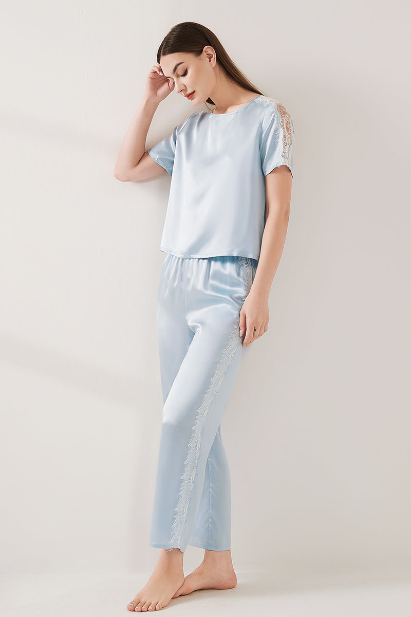 Lace patchwork short-sleeved trousers suit