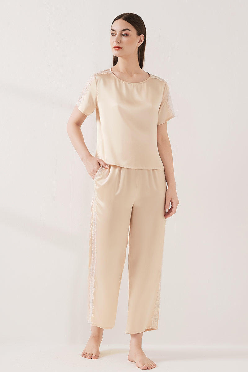 Lace patchwork short-sleeved trousers suit