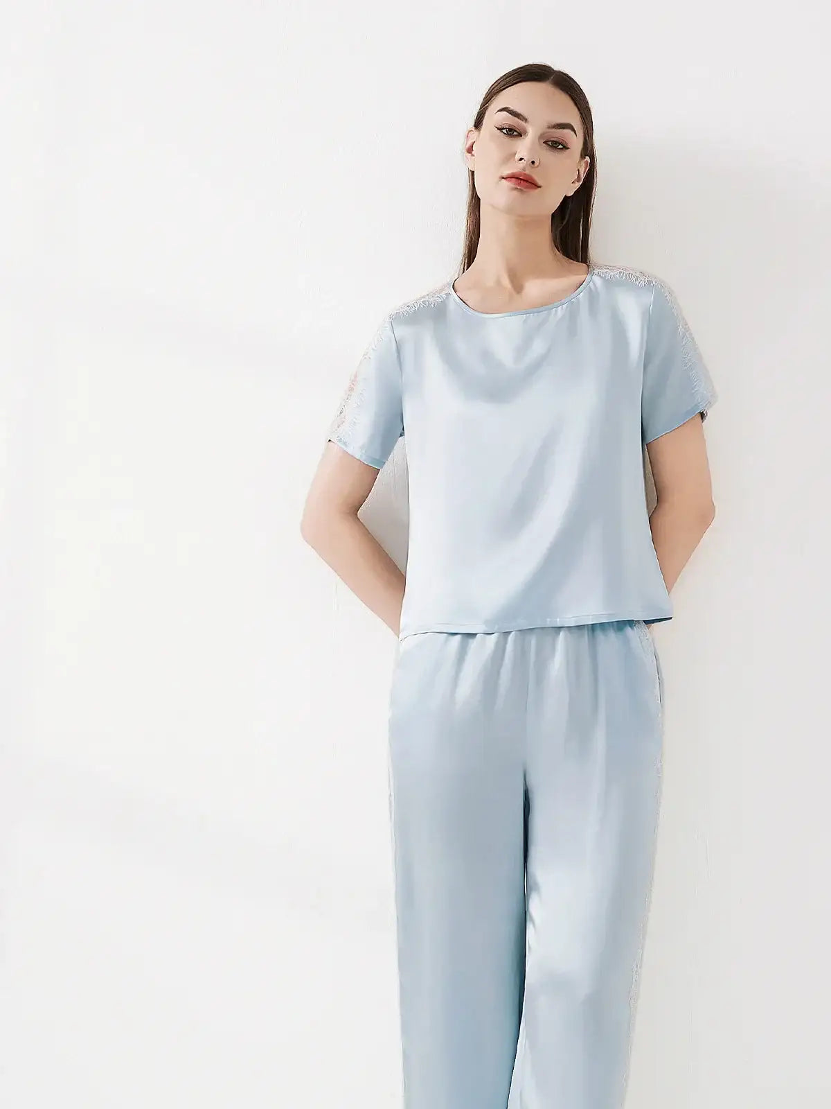 Lace Patchwork Short-sleeved Trousers Suit - JANCESILK