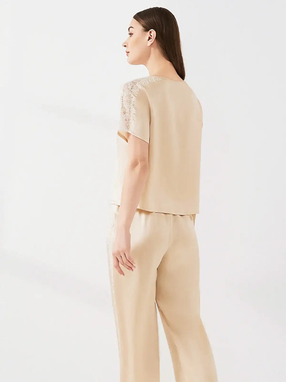 Lace Patchwork Short-sleeved Trousers Suit - JANCESILK