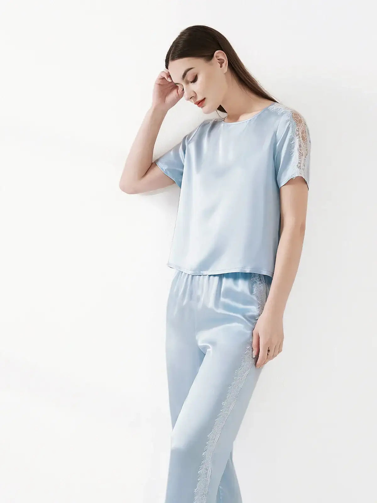 Lace Patchwork Short-sleeved Trousers Suit - JANCESILK