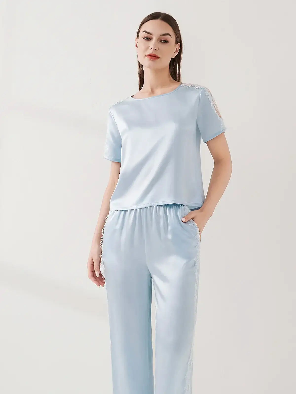 Lace Patchwork Short-sleeved Trousers Suit - JANCESILK