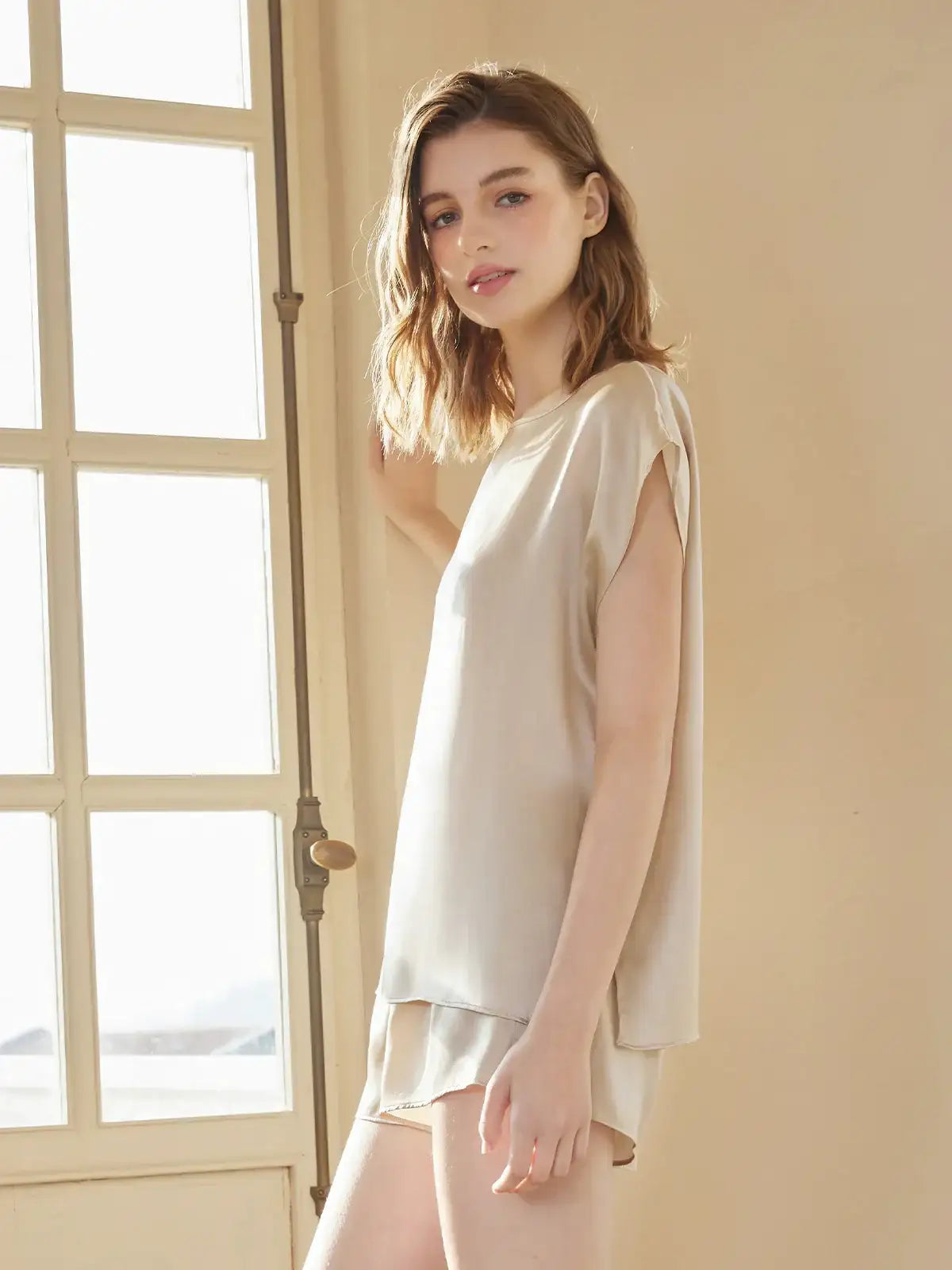 Sleeveless Shorts Simple Silk Suit - JANCESILK