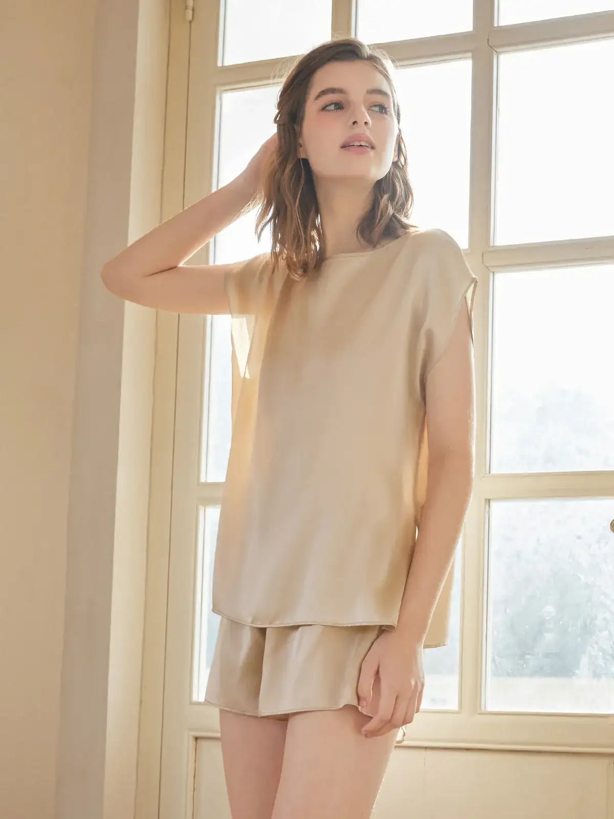 Sleeveless Shorts Simple Silk Suit - JANCESILK