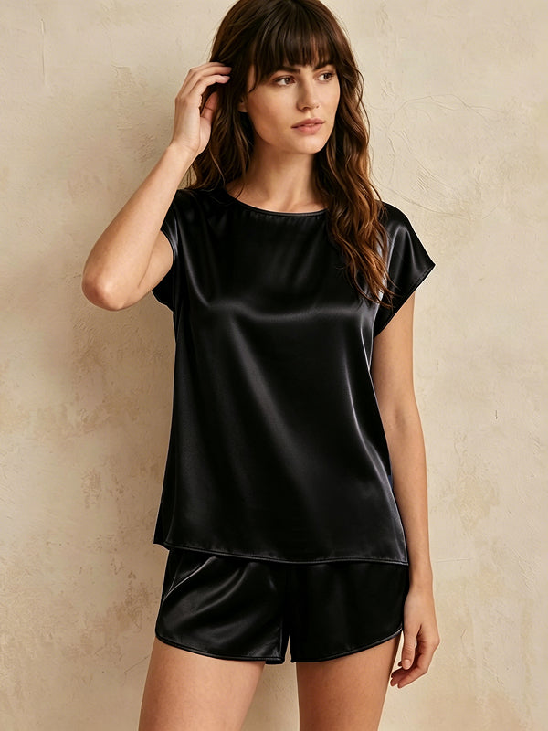 Silk Pajama Shorts Set#color_Black