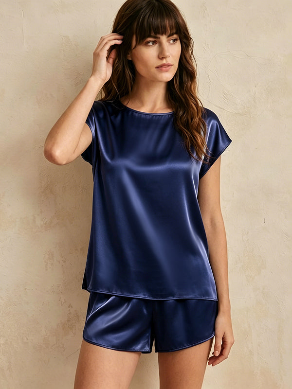 Silk Pajama Shorts Set#color_Navy