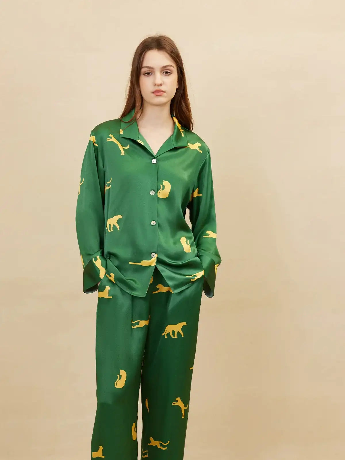 Leopard Print Long Sleeve Trousers Suit - JANCESILK