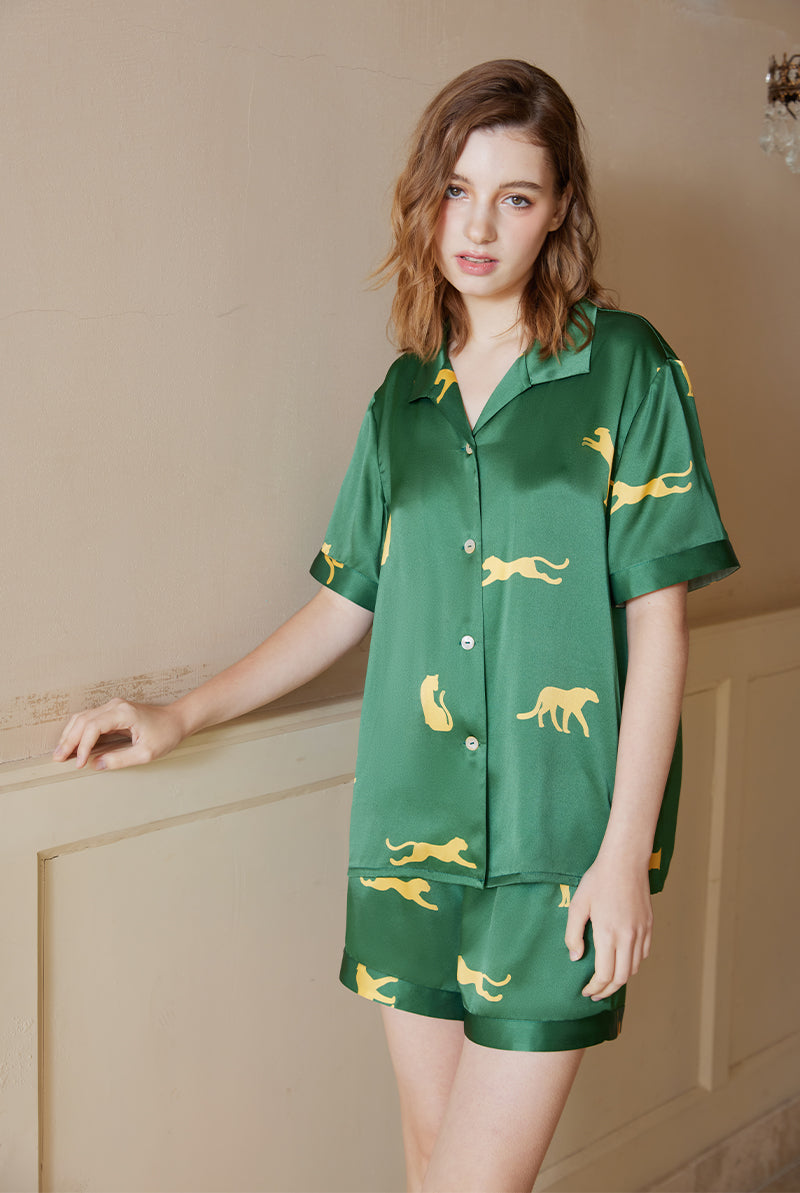 Leopard print short-sleeved shorts set