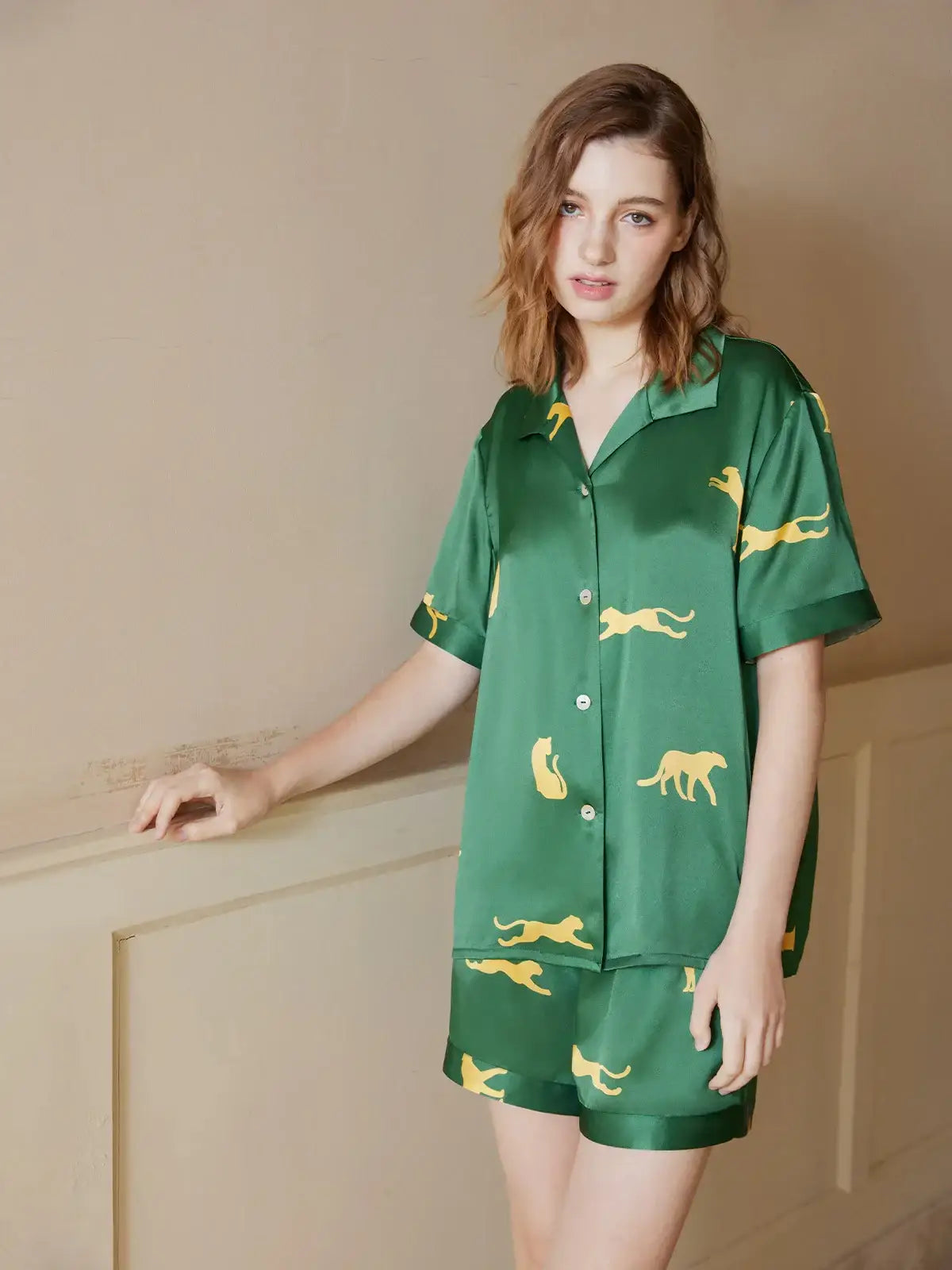 Leopard Print Short-sleeved Shorts Set - JANCESILK