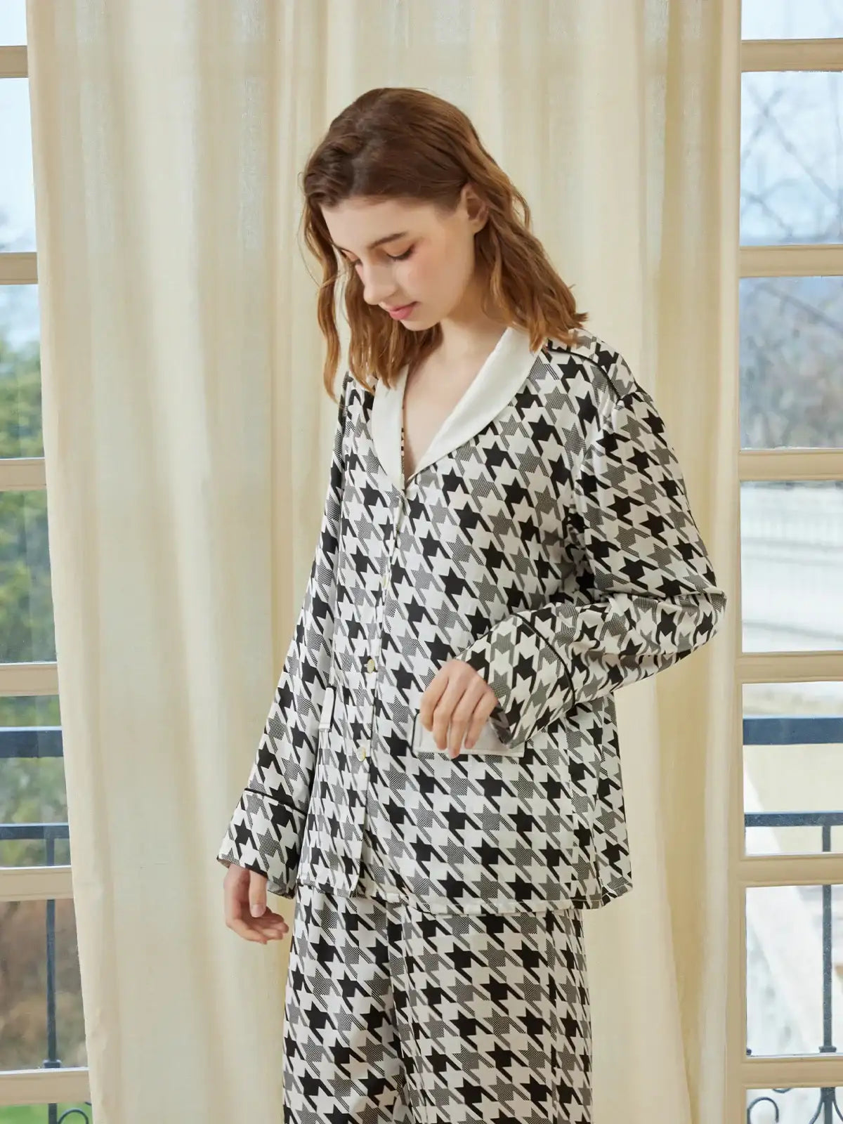Classic Contrast Houndstooth Print Long Sleeve Trousers Set - JANCESILK