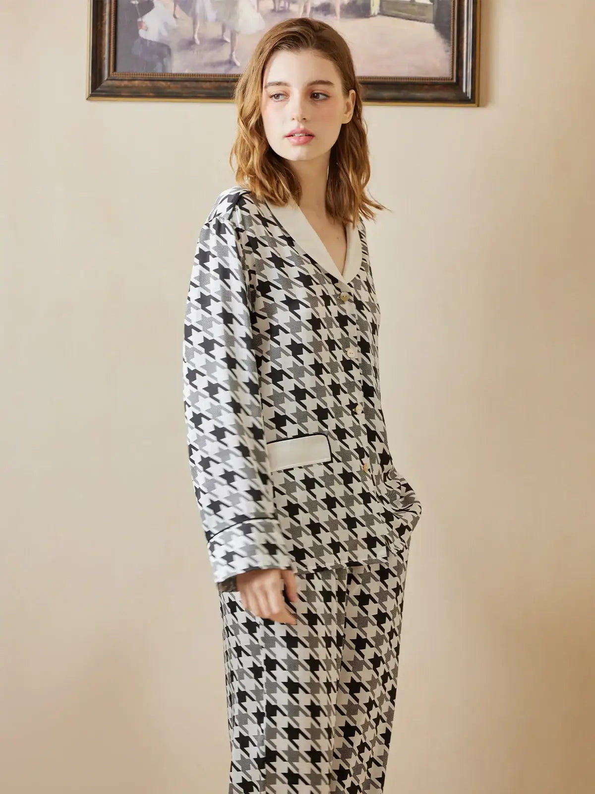 Classic Contrast Houndstooth Print Long Sleeve Trousers Set - JANCESILK