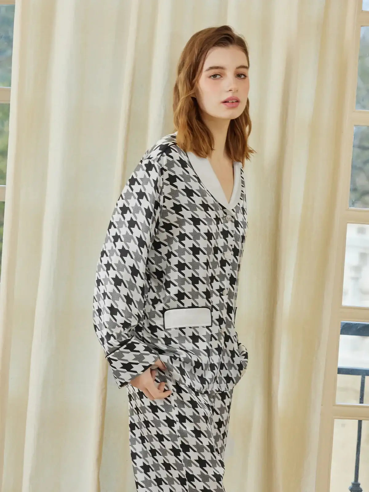 Classic Contrast Houndstooth Print Long Sleeve Trousers Set - JANCESILK