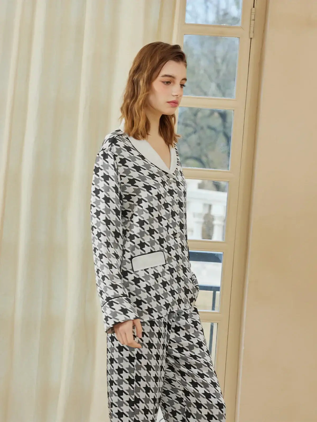 Classic Contrast Houndstooth Print Long Sleeve Trousers Set - JANCESILK
