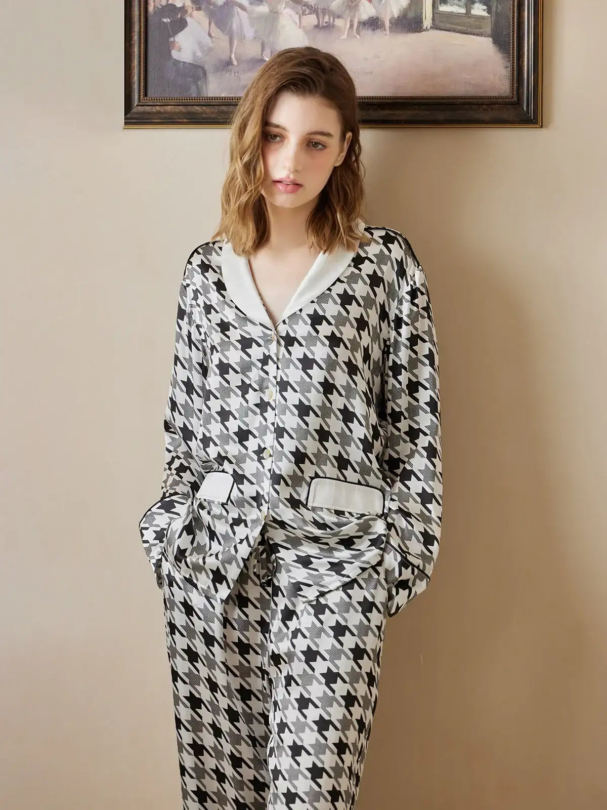 Classic Contrast Houndstooth Print Long Sleeve Trousers Set - JANCESILK