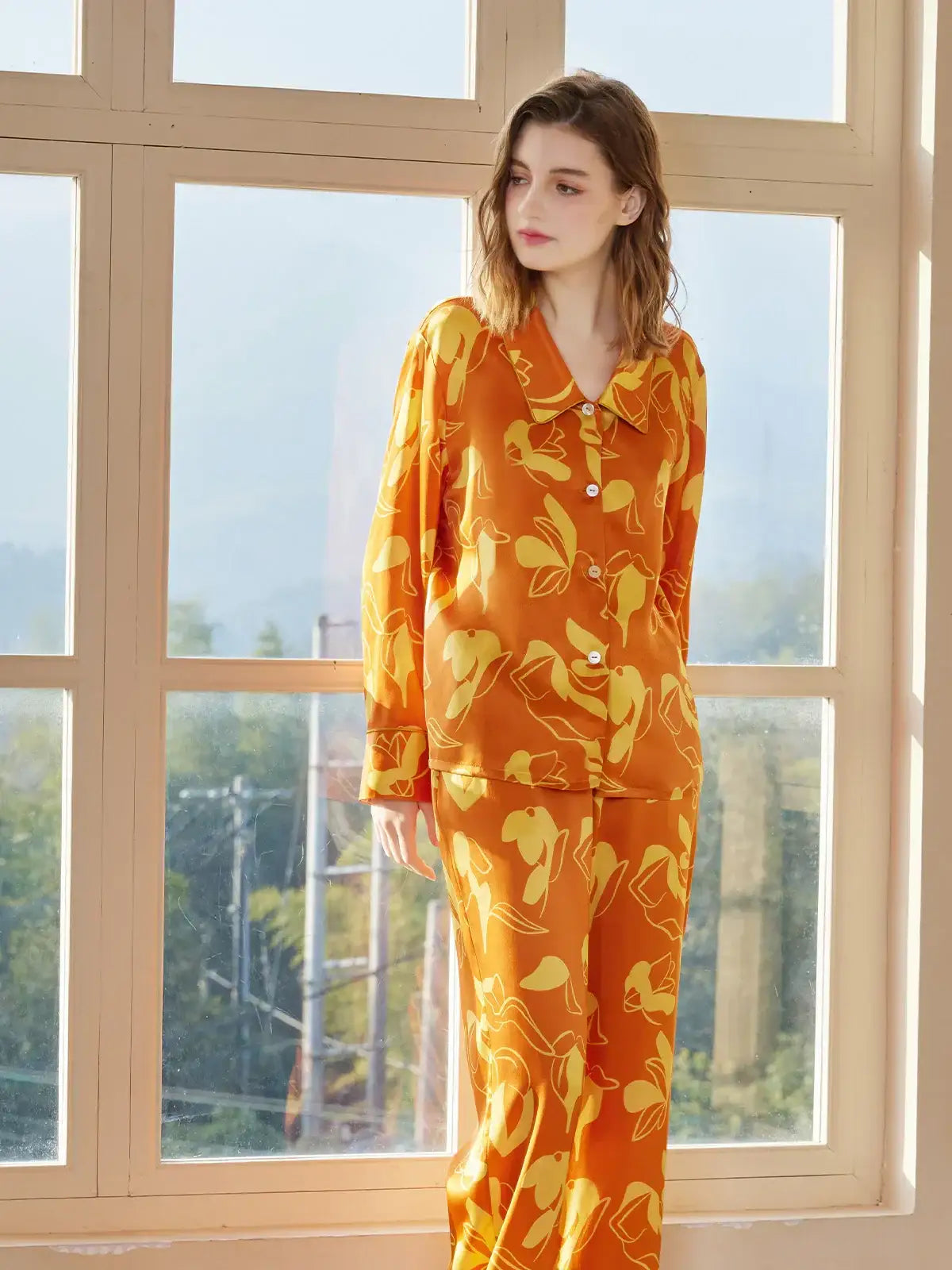 Orange Printed Silk Pajama Set - JANCESILK