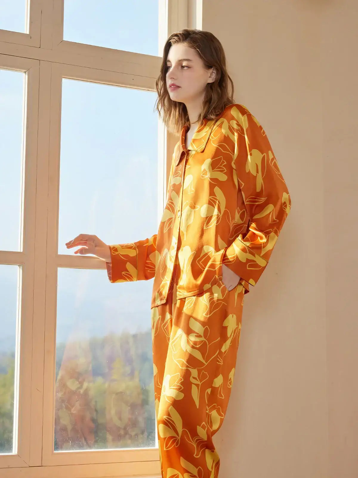 Orange Printed Silk Pajama Set - JANCESILK