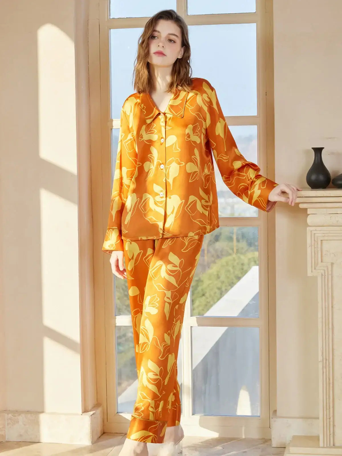 Orange Printed Silk Pajama Set - JANCESILK