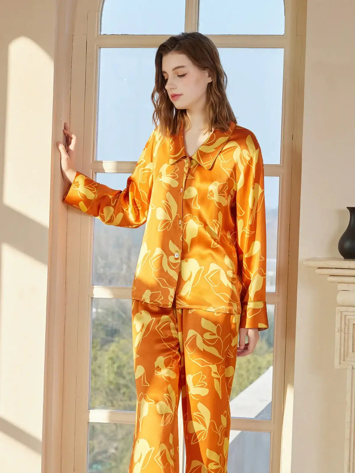 Orange Printed Silk Pajama Set - JANCESILK