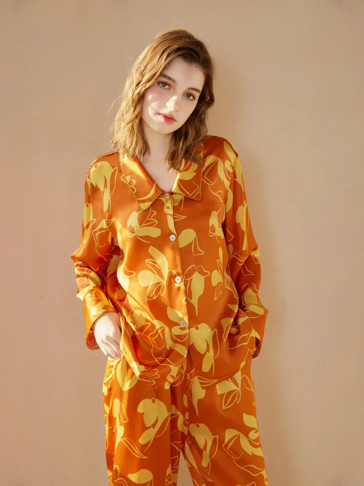 Orange Printed Silk Pajama Set - JANCESILK