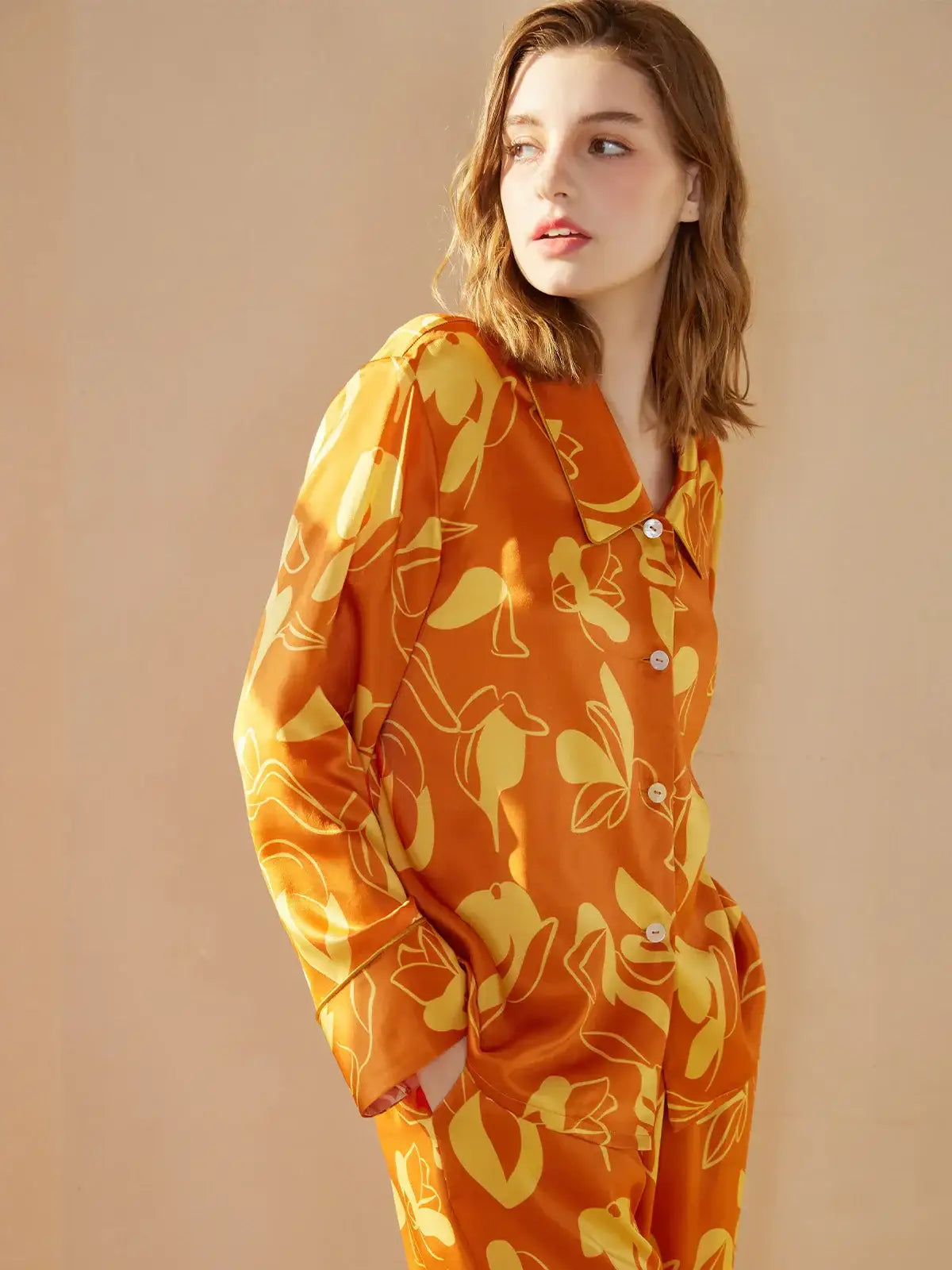 Orange Printed Silk Pajama Set - JANCESILK