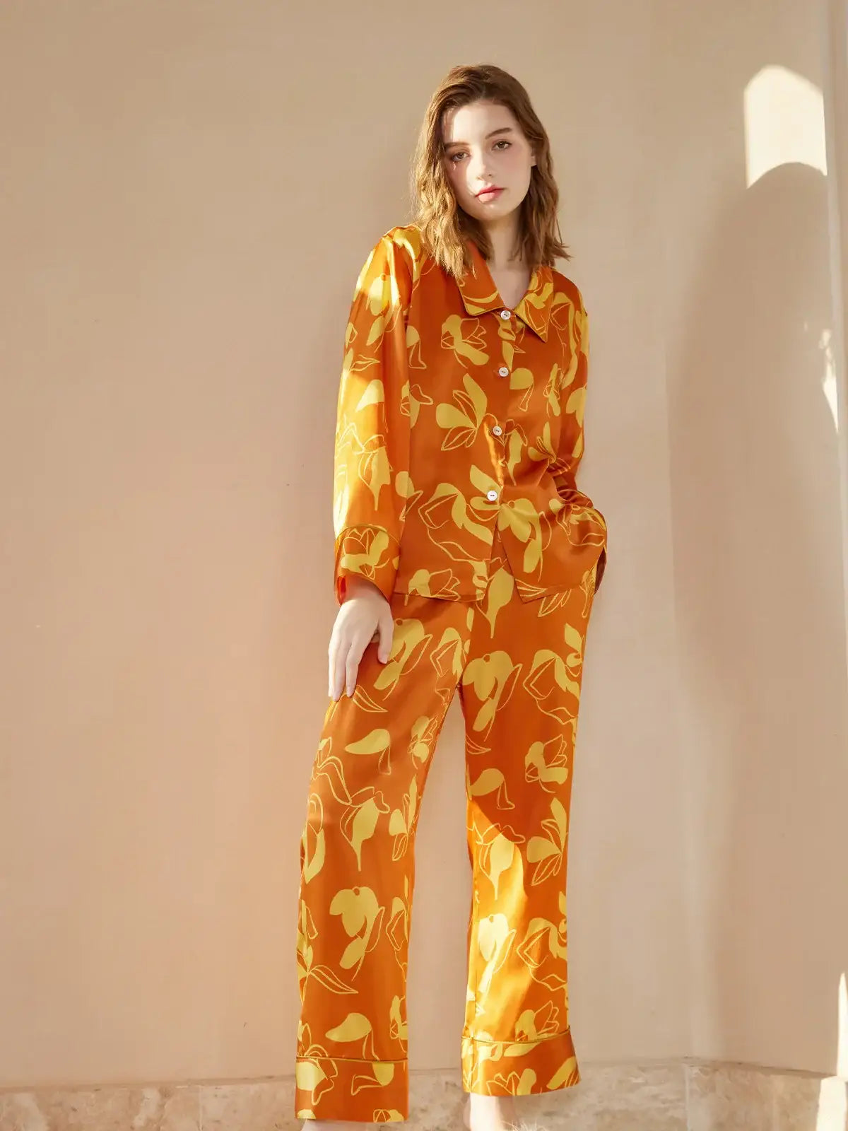 Orange Printed Silk Pajama Set - JANCESILK