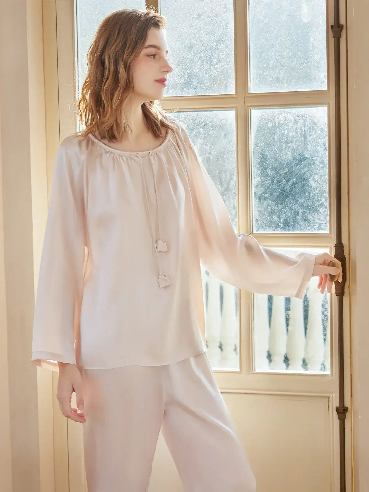 Flower bud drawstring long sleeve trousers suit - JANCESILK